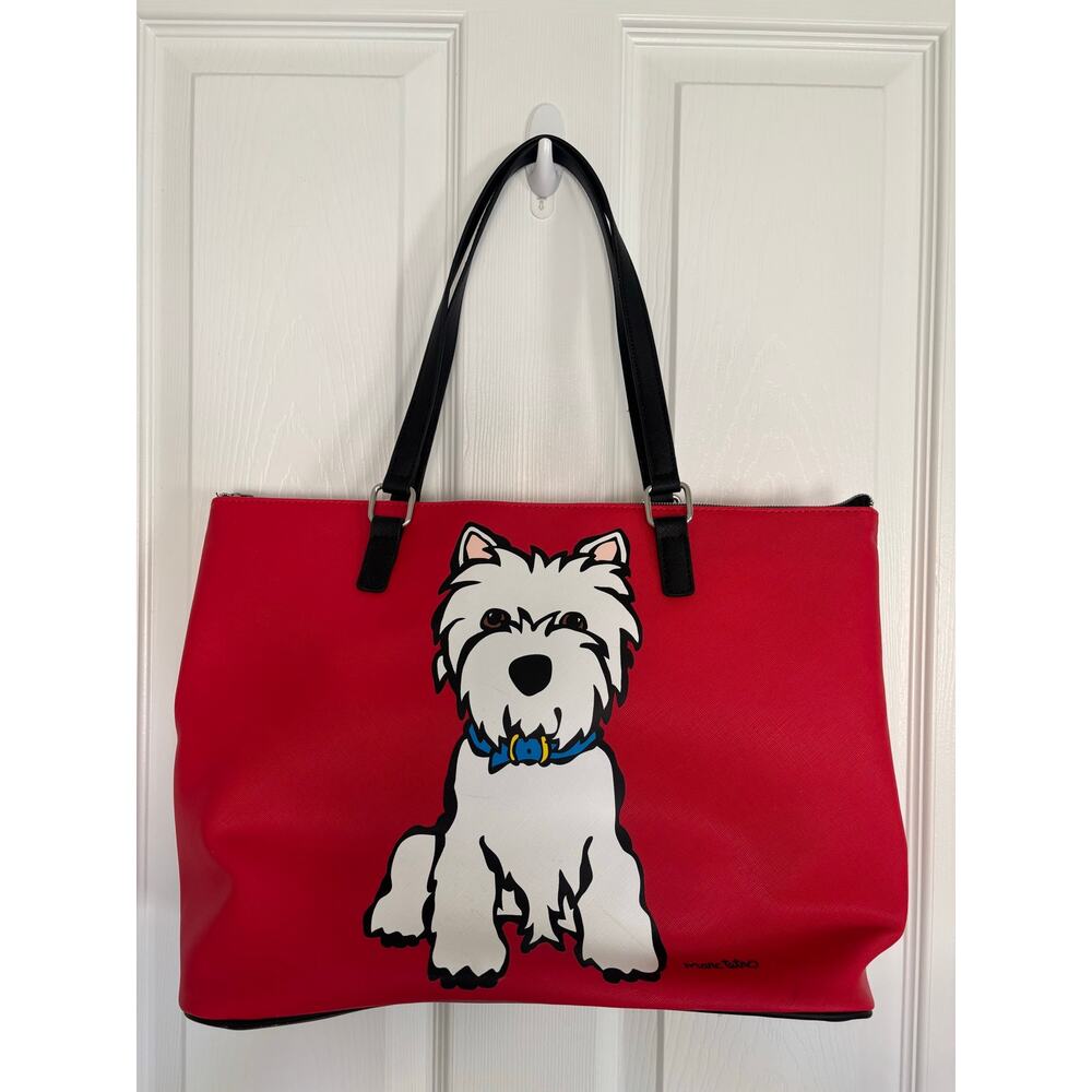 Marc Tetro Red Westie Tote Bag Black Handles & Cosmetic Bag White Dog